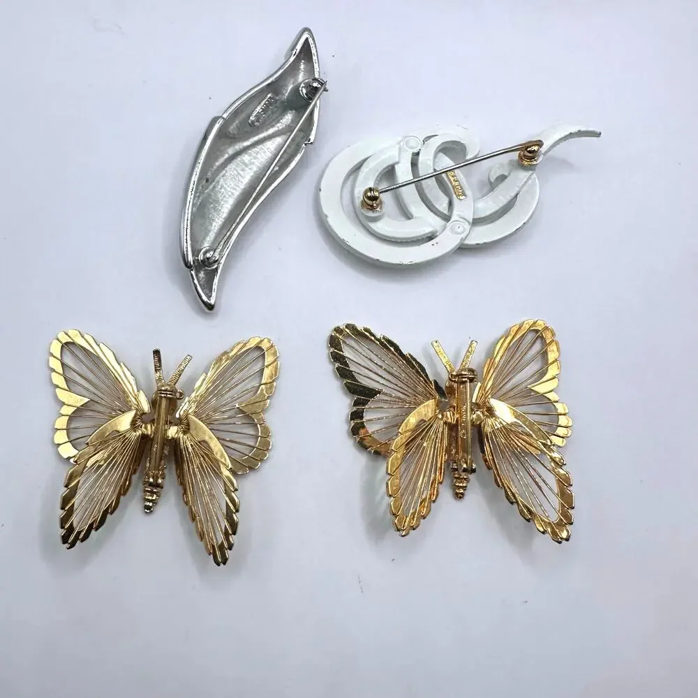 Monet Pin Lot of 4 Retro Vintage Jewelry Butterfly Gold Silver White Brooch Set